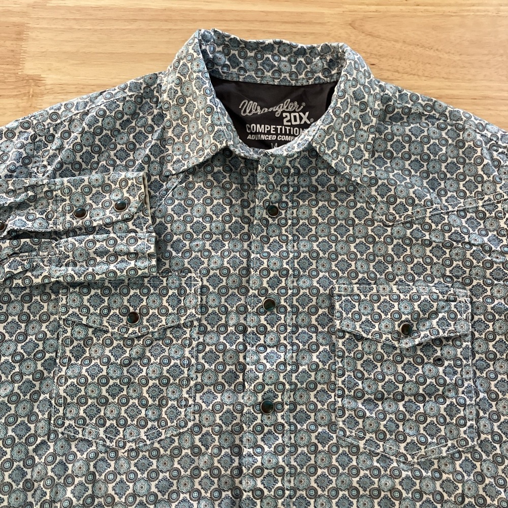 Wrangler 20X Competition Blue Geometric Pattern Western Snap Shirt Mens Medium